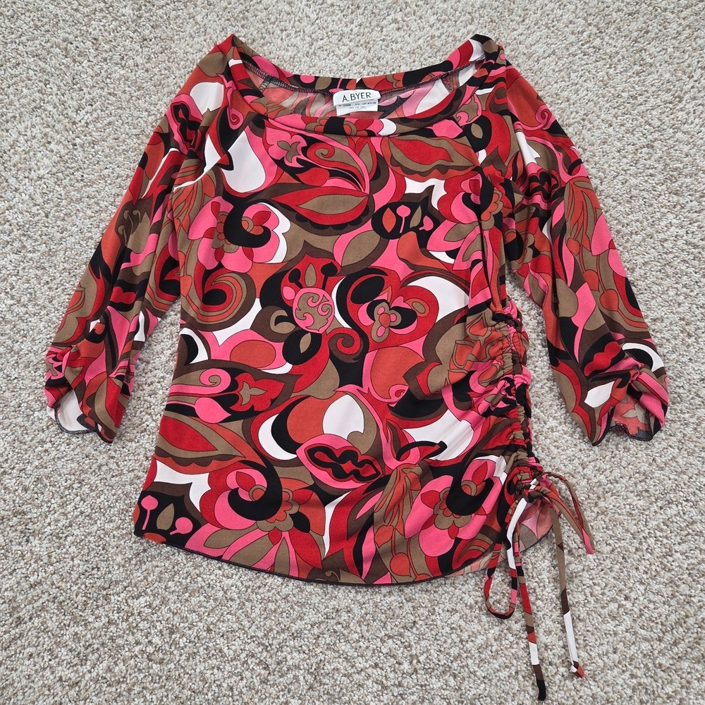 VTG A. Byer Y2K 90s Red Psychedelic Abstract Floral Boat Neck Ruched Tie Top - M